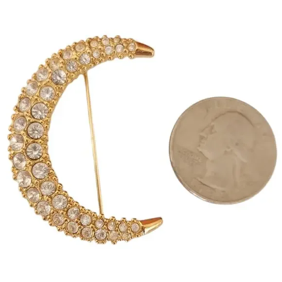 SWAROVSKI crystal vintage bling crescent moon gold tone lapel pin classic brooch - Picture 4 of 4